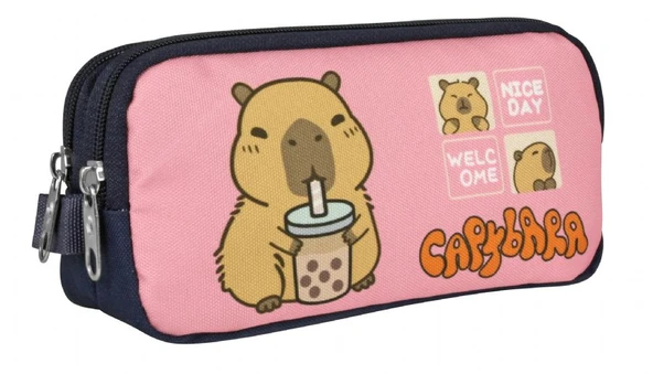 Capybara Kız Çocuk İki Bölmeli Kalem Çantası - Lacivert - Pembe - 5205 ürün görseli 1