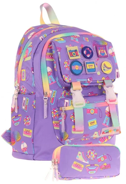 Kaukko Armalı Hobi Desenli Okul Çantası + Kalemlik Seti (L5238+L8238) Kız Çocuk - Mor ürün görseli 1