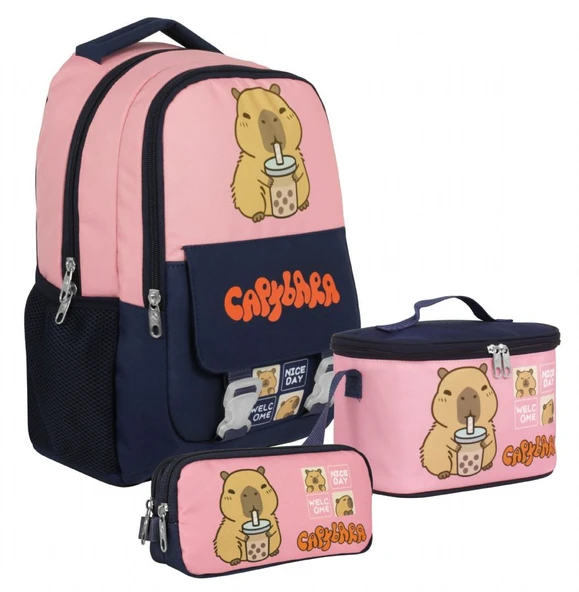 Capybara (Kız Çocuk - Lacivert - Pembe) İlkokul Üçlü Çanta Seti - SETCPB5203A ürün görseli 1