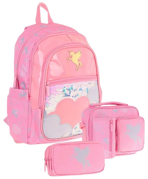 Kaukko Kids Kız Çocuk - Pembe Pullu Bulut Desenli - Okul Çanta Seti (Sırt Çantası+Beslenme Çantası+Kalemlik) ürün görseli 1