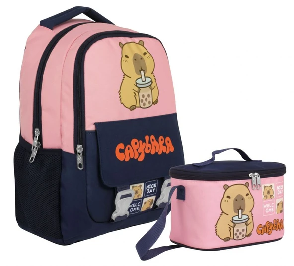 Capybara Kız Çocuk Okul Sırt Çantası ve Beslenme Çantası Seti - Lacivert - Pembe - SETCPB5203B ürün görseli 1