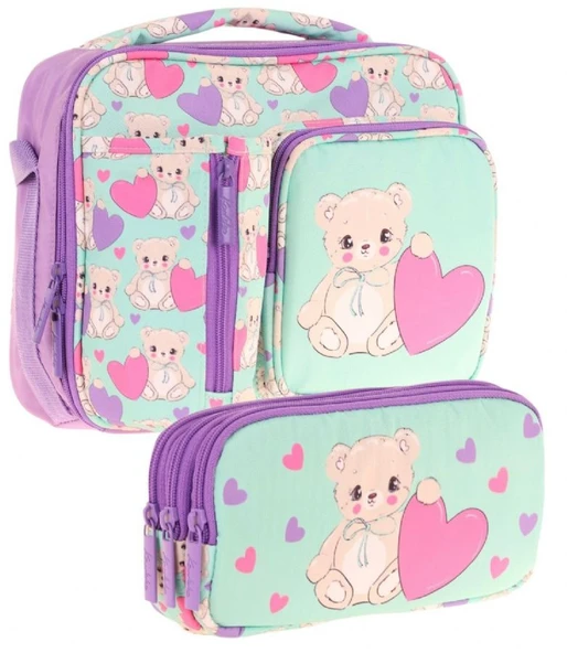 Kaukko Kids Kız Çocuk Turkuaz Mor Ayıcık Baskılı Üç Bölmeli Thermo Beslenme Çantası ve Kalemlik Seti (L7239+L8239) ürün görseli 1