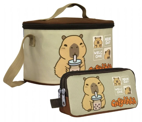 Capybara Erkek Isı Yalıtımlı Beslenme Çantası ve Kalem Çantası Seti - Kahverengi/Bej - SETCPB5201 ürün görseli 1