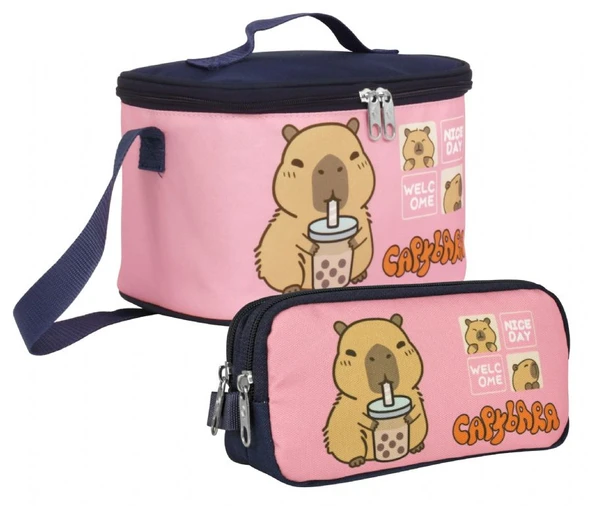 Capybara Kız Çocuk Isı Yalıtımlı Beslenme Çantası ve Kalem Çantası Seti - Lacivert/Pembe - SETCPB5204 ürün görseli 1