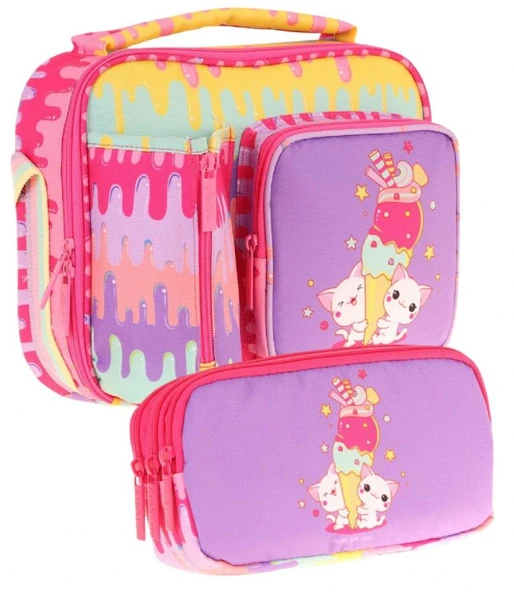 Kaukko Kids Kız Çocuk Sarı Mor Dondurma Baskılı Üç Bölmeli Thermo Beslenme Çantası ve Kalemlik Seti (L7247+L8247) ürün görseli 1