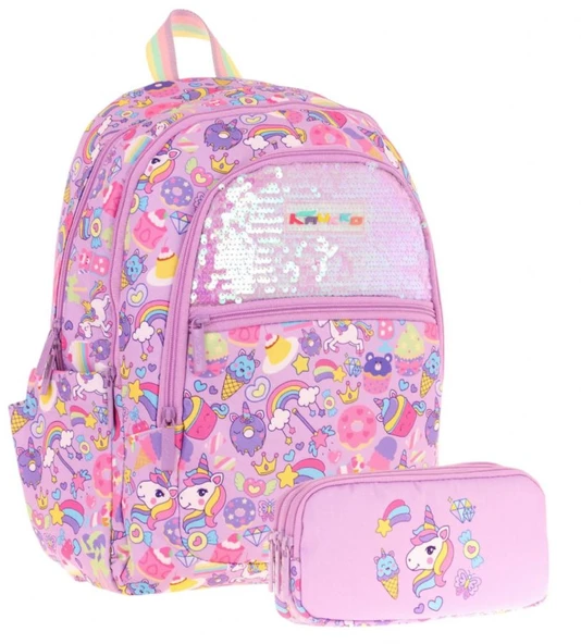 Kaukko Kids Kız Çocuk Okul Çantası ve Üç Bölmeli Kalemlik Seti (Lila - Pullu Sweet) - (L5215+L8215) ürün görseli 1