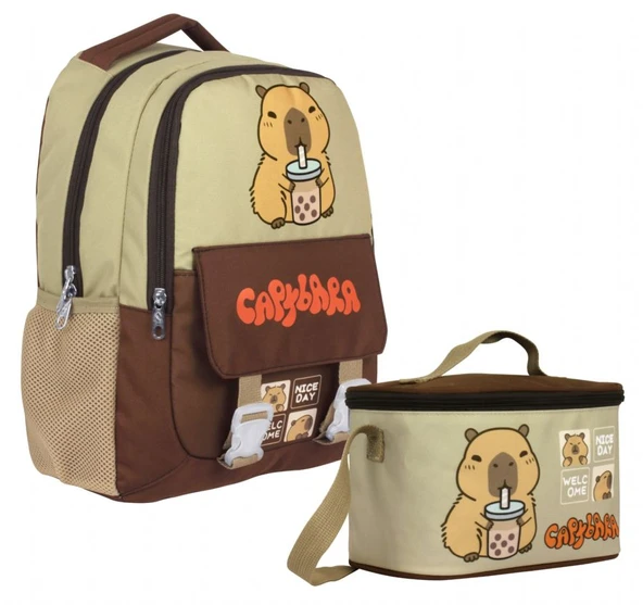 Capybara Erkek Çocuk Okul Sırt Çantası ve Beslenme Çantası Seti - Kahverengi - Bej - SETCPB5200B ürün görseli 1