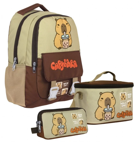 Capybara (Erkek Çocuk - Kahverengi - Bej) İlkokul Üçlü Çanta Seti - SETCPB5200A ürün görseli 1