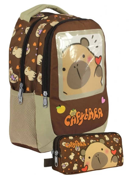 Capybara Erkek Çocuk İlkokul Sırt Çantası ve İki Gözlü Kalemlik Seti - Kahverengi - SETCPB5209C ürün görseli 1