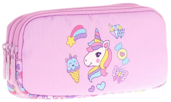 Kaukko Kids Üç Bölmeli Lila, Unicorn, Kız Çocuk Okul Kalem Çantası - L8215 ürün görseli 1