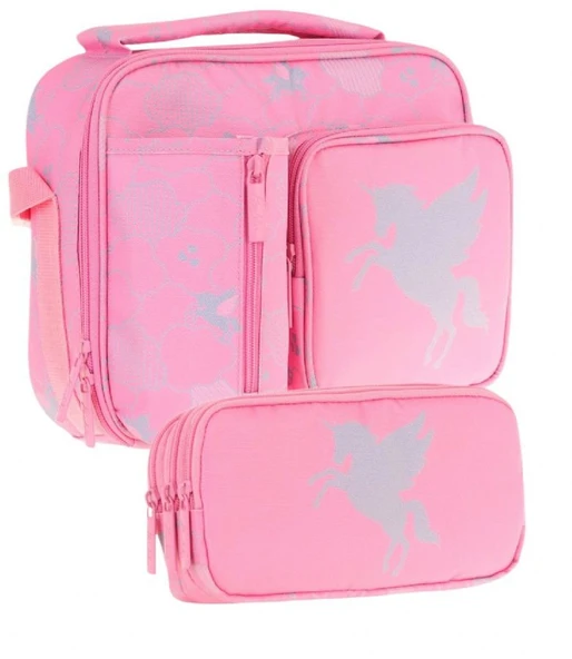 Kaukko Kids Kız Çocuk Pembe Bulut Desenli Üç Bölmeli Thermo Beslenme Çantası ve Kalemlik Seti (L7218+L8218) ürün görseli 1
