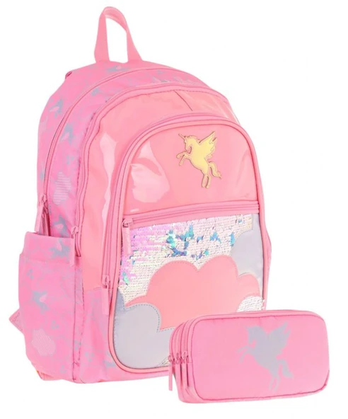 Kaukko Kids Kız Çocuk Okul Çantası ve Üç Bölmeli Kalemlik Seti (Pembe - Pullu Bulut ) - (L5218+L8218) ürün görseli 1