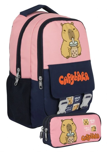 Capybara Kız Çocuk İlkokul Sırt Çantası ve İki Gözlü Kalemlik Seti - Lacivert - Pembe - SETCPB5203C ürün görseli 1