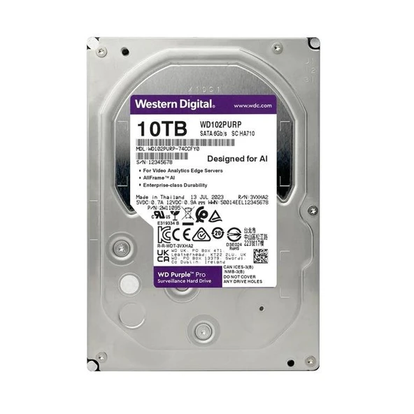 WD 10 TB WD102PURP PURPLE SATA3 7200RPM 256MB 7/24 GÜVENLİK DİSKİ ürün görseli 1