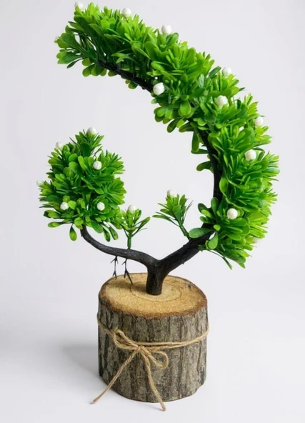 Yapay Çiçek Beyaz Çiçekli Bonsai Ağacı Dekoratif Kütük Saksıda Yapay Ağaç Bonzai Hilal Model ürün görseli 1