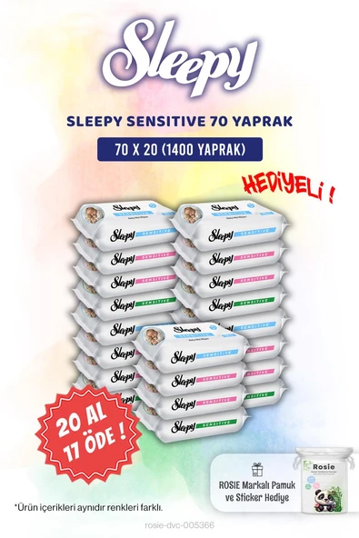 Sleepy 20 AL 17 ÖDE Sensitive 70'li Bebek Islak Mendili ve Rosie Pamuk Hediye ürün görseli 1