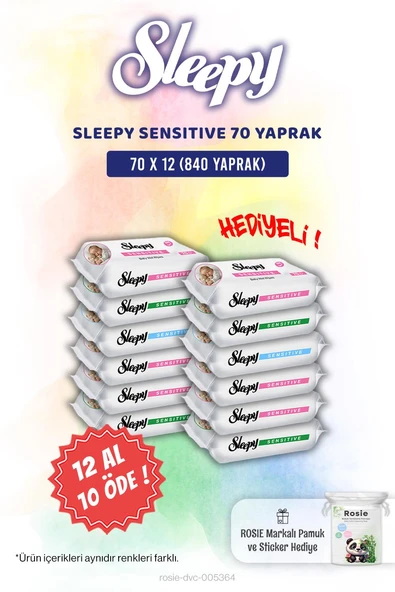 12 AL 10 ÖDE Sleepy Sensitive 70'li Bebek Islak Mendili ve Rosie Pamuk Hediye ürün görseli 1