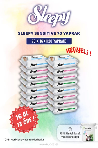 Sleepy 16 AL 13 ÖDE Sensitive 70'li Bebek Islak Mendili ve Rosie Pamuk Hediye ürün görseli 1