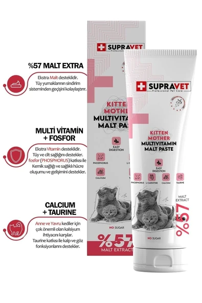 Supravet Hamile Ve Yavru Kediler Için Kalsiyum Ve Taurinli Multi Vitamin Kedi Macunu 100 Gr. (%57 Extra Malt) ürün görseli 1