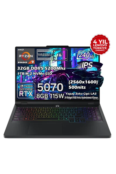 Lenovo Legion Pro 5 16ADR10 Amd Ryzen 9 8940HX 32GB 1tb SSD Rtx 5070 8gb 16" Wqxga (2560X1600) IPS Panel 240Hz 115W Freedos Taşınabilir Dizüstü Bilgisayar 83LT0046TR ürün görseli 1
