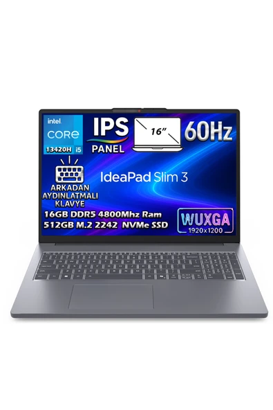 Lenovo Ideapad Slim 3 16IRH10 Intel Core I5-13420H 16GB 512GB SSD 16" Wuxga (1920X1200) IPS Panel Freedos Taşınabilir Dizüstü Bilgisayar 83K20073TR ürün görseli 1