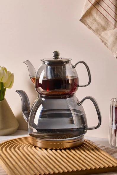 Carlo Füme Indüksiyon Tabanlı Borosilikat Cam Çaydanlık Takımı 500 ml Demlik 1500 ml Suluk ürün görseli 1