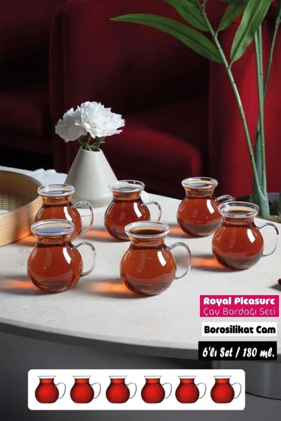 6 lı Pleasure Borosilikat Cam Bardak Set Isıya Dayanıklı Keyfi Ala Kulplu Çay Fincanı Bardağı ürün görseli 1