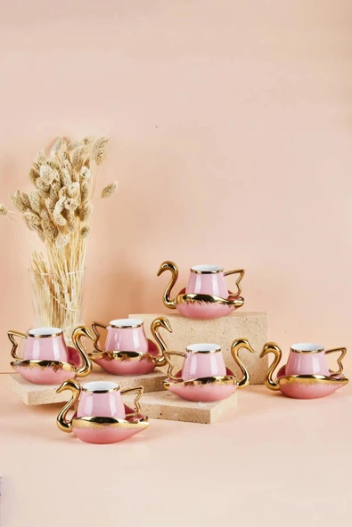 Swan Kuğu 6 Kişilik Porselen Kahve Fincan Takımı 80 ml Pembe ürün görseli 1