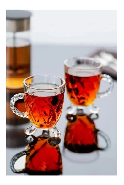 15720 Ayaklı Kulplu Boncuk Desenli 4'lü Cam Bardak - Kulplu Çay Kahve Bardağı - 200 Cc ürün görseli 1