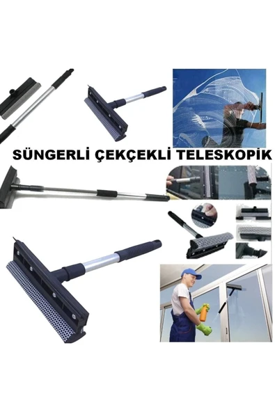 Lüx Cift Tarafli Teleskopik Cam Silme Paspası Ve Cekpasi Uzayıp Kısalan Sap Çekçekli Cam Silme ürün görseli 1