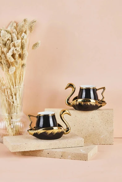 Swan Kuğu 2 Kişilik Porselen Kahve Fincan Takımı 80 ml Siyah ürün görseli 1
