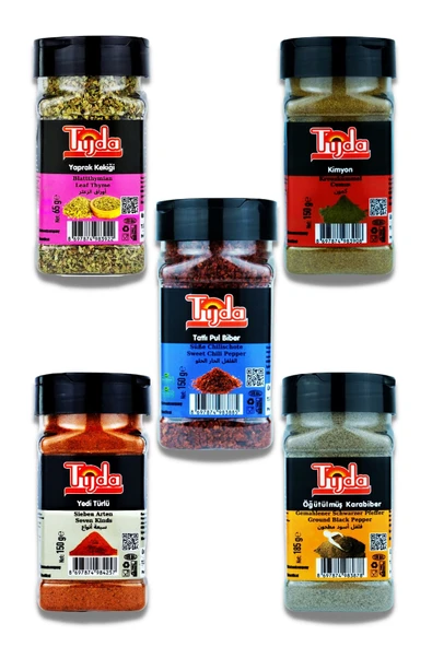 TİJDA Süper Baharat Seti 5'li (yaprak Kekik, Kimyon, Tatlı Pul Biber, Yedi Türlü, Öğütülmüş Karabiber) ürün görseli 1