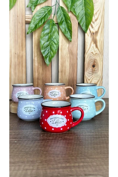 6 Renk Emaye Görünümlü Homemade Love Porselen Tombul Çay Kahve Fincanı ürün görseli 1