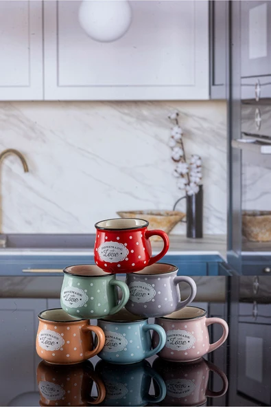 6 Renk Emaye Görünümlü Homemade Love Porselen Tombul Çay Fincanı ürün görseli 1