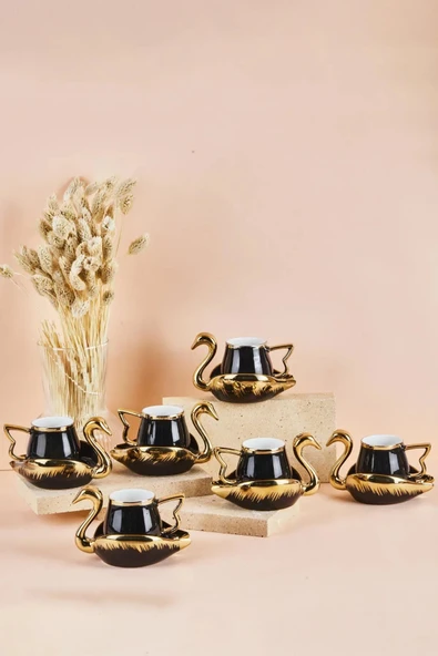 Swan Kuğu 6 Kişilik Porselen Kahve Fincan Takımı 80 ml Siyah ürün görseli 1