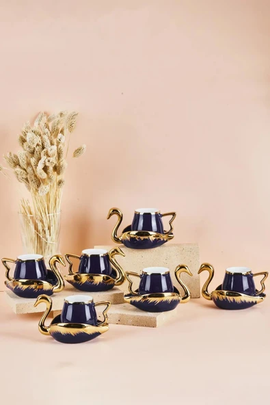 Swan Kuğu 6 Kişilik Porselen Kahve Fincan Takımı 80 ml Lacivert ürün görseli 1