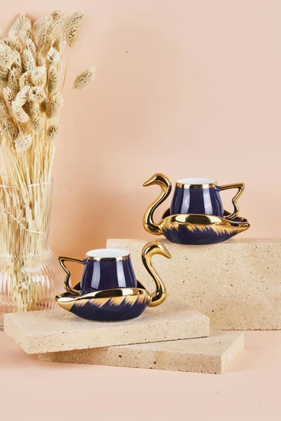 Swan Kuğu 2 Kişilik Porselen Kahve Fincan Takımı 80 ml Lacivert ürün görseli 1