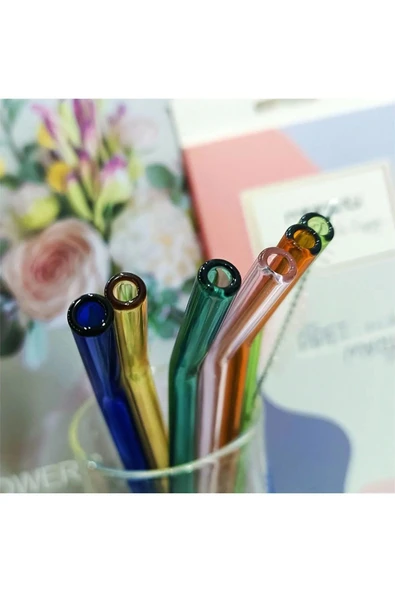 Straw 6'lı Renkli Cam Eğimli Isıya Dayanıklı (Borosilikat) Pipet Ve 1 Adet Pipet Temizleme Fırçası ürün görseli 1