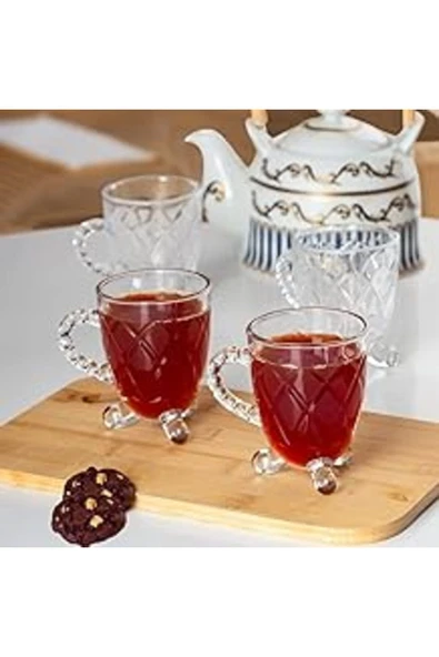 Porsima 15720 Ayaklı Kulplu Desenli 4'lü Cam Bardak - Kulplu Çay Kahve Bardağı - 200 Cc ürün görseli 1