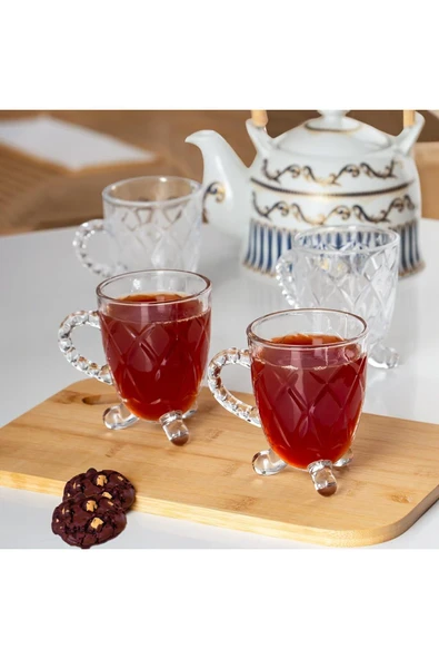 15720 Ayaklı Kulplu Desenli 4'lü Cam Bardak - Kulplu Çay Kahve Bardağı - 200 Cc ürün görseli 1