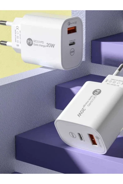 ŞARJ BAŞLIK 20W PD BAŞLIK 2İN1 TYPCE VE USB ÇİFT GİRİŞLİ APPLE SAMSUNG XIAOMI  TECNO REEDER UYUMLU ürün görseli 1