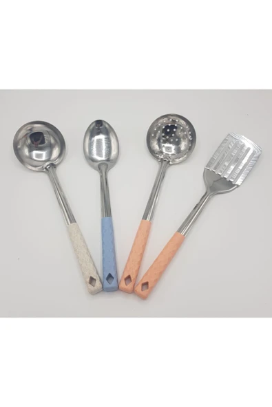 4'lü Çelik Kepçe Seti Kepçe Kevgir Kaşık Spatula 35cm Renkli Saplı ürün görseli 1