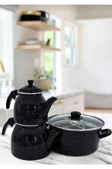 Emaye Çaydanlık ve 22 cm Kızartma Tenceresi Seti Midnight Dalmaçya  Taş ev ürün görseli 1