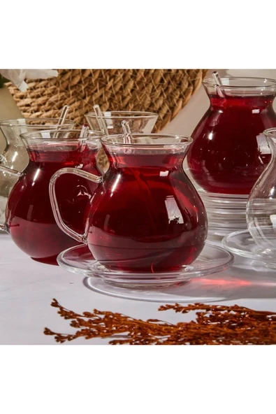 Keyf-i Ala 18 Parça Cam Tabaklı, Kaşıklı 200 ml Borosilikat Çay Seti ürün görseli 1