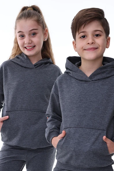 Basic Kapüşonlu Şardonlu Kanguru Cep Detaylı Çocuk Sweatshirt 3-10 Yaş Ekru ürün görseli 1