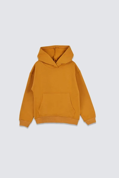 Basic Kapüşonlu Şardonlu Kanguru Cep Detaylı Çocuk Sweatshirt 3-10 Yaş Ekru ürün görseli 1