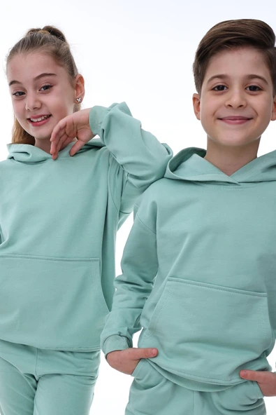 Basic Kapüşonlu Şardonlu Kanguru Cep Detaylı Çocuk Sweatshirt 3-10 Yaş Ekru ürün görseli 1