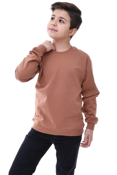 Basic Bisiklet Yaka Şardonlu Çocuk Sweatshirt 3-10 Yaş Krem ürün görseli 1