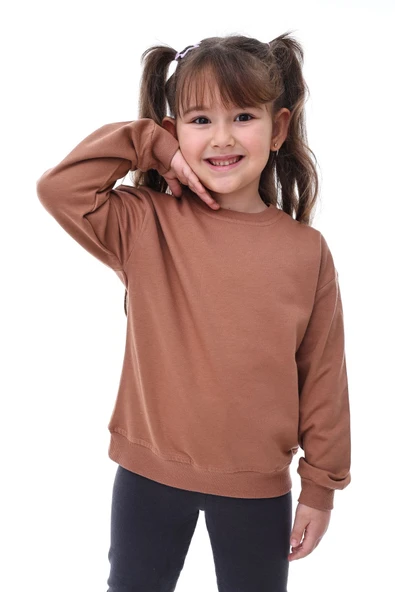 Basic Bisiklet Yaka Şardonlu Çocuk Sweatshirt 3-10 Yaş Krem - Resim 3