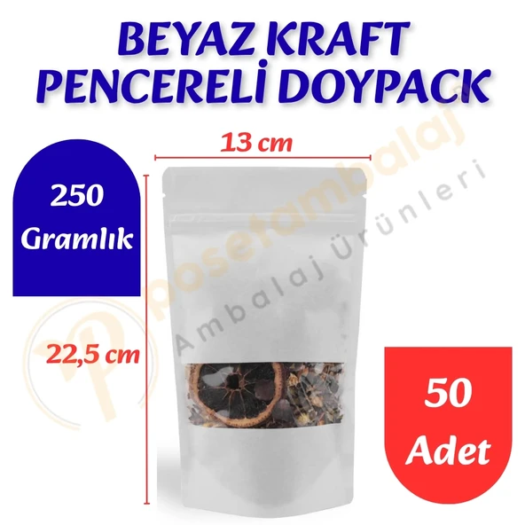 Beyaz Kraft Pencereli Doypack 13x22,5x7 cm (50 Adet) ürün görseli 1
